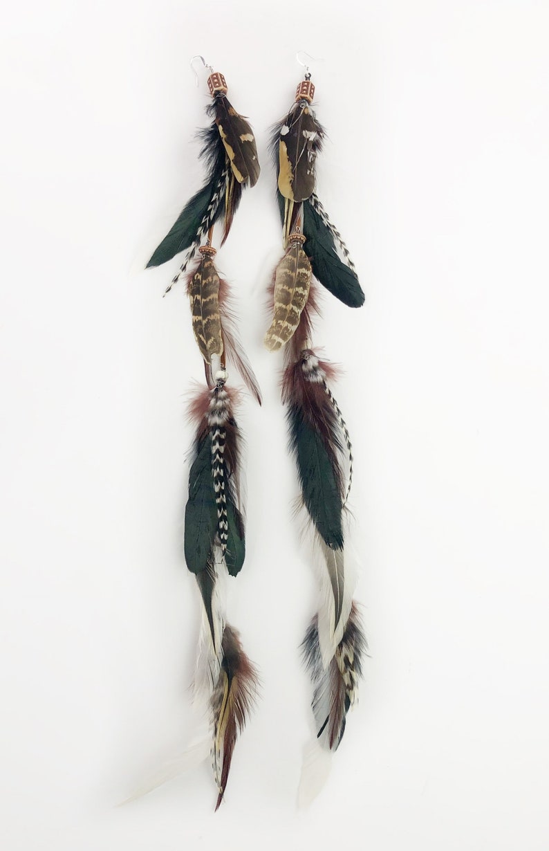 Long Leather Tribal Feather Earrings, 17-19 inches, Beaded Suede Leather Aztec Feather Earrings-Feather Symbolism image 6