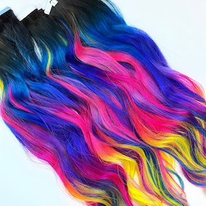 ネオンレインボー人毛ウィーブ、テープインヘアエクステンション、バンドル、クリップインヘアエクステンション、UVマーメイドヘア