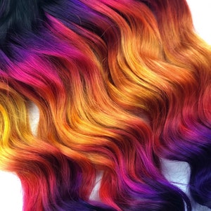 秋のオンブレヘア、レインボー染めヘア、クリップインヘアエクステンション、ヘアウェフト、人毛エクステンション、束、パープルゴールドテープイン