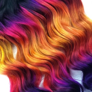 Fall Ombre Hair, Rainbow Dyed Hair, Clip In Hair Extensions, Hair Wefts, Human Hair Extensions, Bundle, purple gold tape ins image 3