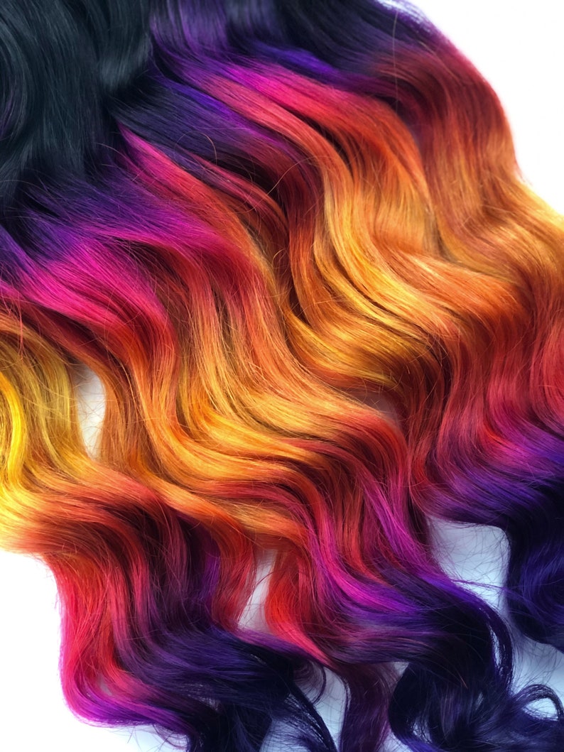 Fall Ombre Hair, Rainbow Dyed Hair, Clip In Hair Extensions, Hair Wefts, Human Hair Extensions, Bundle, purple gold tape ins image 3