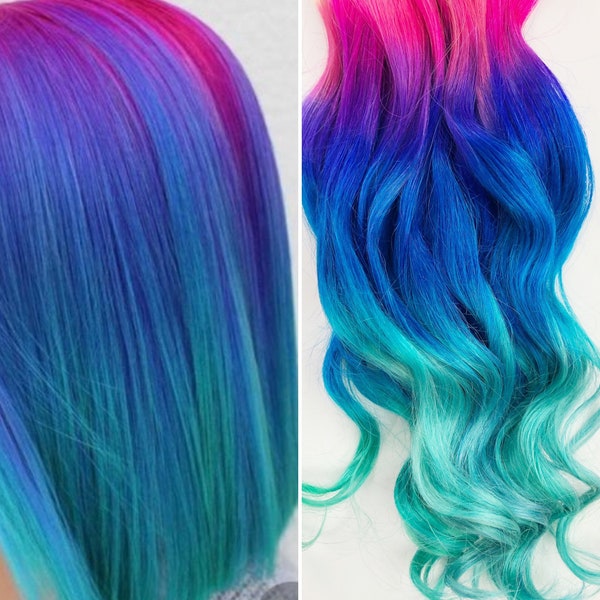 Gem mermaid hair, pink, purple, and turquoise ombre hair extensions, clip in hair extensions, tape in hair, bundles