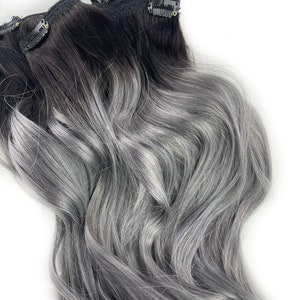 5 Star Seller, Black to Grey Ombre Hair Extensions, Silver Hair, Grey Hair Extensions, Gray Ombre Hair, human hair extensions, full set image 1