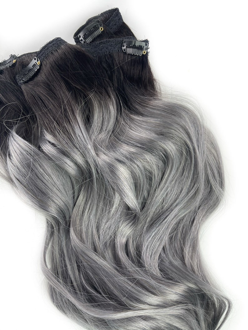 5 Star Seller, Black to Grey Ombre Hair Extensions, Silver Hair, Grey Hair Extensions, Gray Ombre Hair, human hair extensions, full set image 1