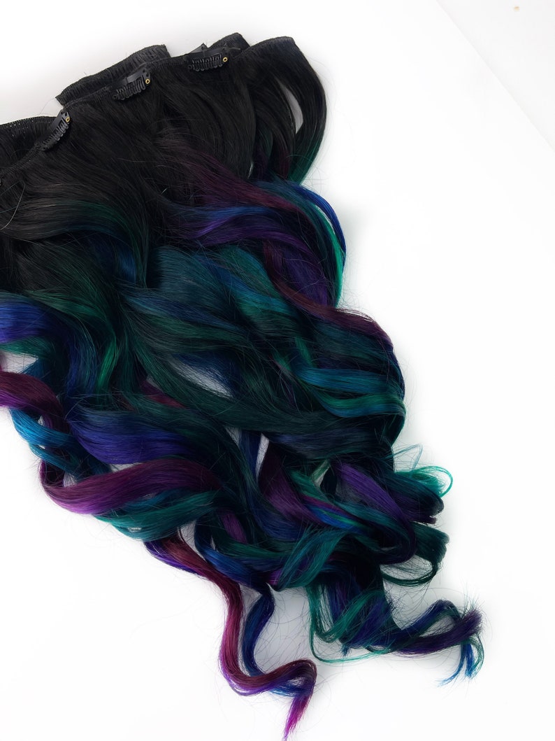 Oil slick hair extensions, oil slick hair color, teal, purple Human Hair Weave, Full Set Bundle, Clip in hair extensions, tape ins, wefts image 7