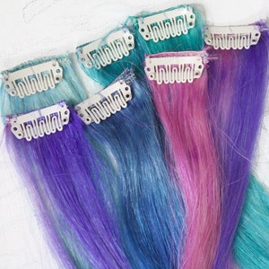 Pastel Tie Dye Tip Extensions, Blue Hair, Rainbow Hair, Festival Hair Extensions, 20 inches long, Clip In Hair , Hippie Hair, Dip Dyed Tips image 5