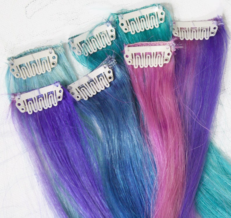 Pastel Tie Dye Tip Extensions, Blue Hair, Rainbow Hair, Festival Hair Extensions, 20 inches long, Clip In Hair , Hippie Hair, Dip Dyed Tips image 5