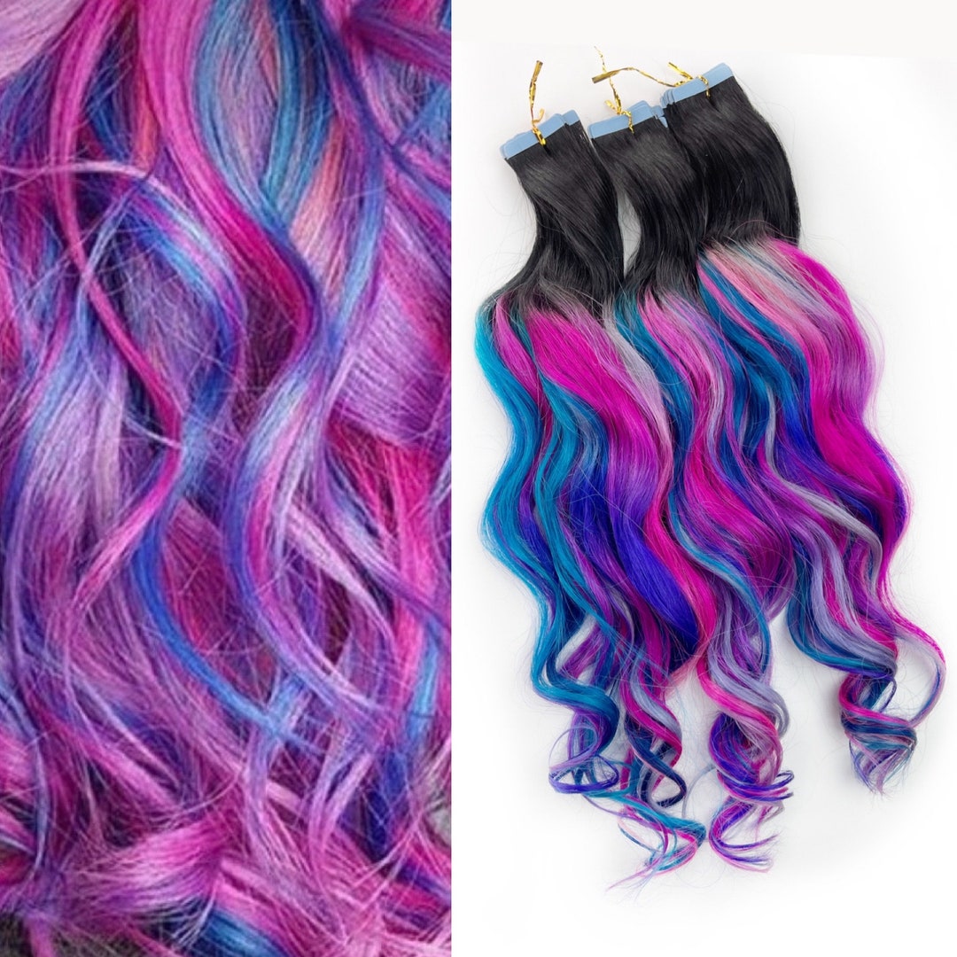 Purple, Blue and Pink Balayage Ombre Hair Extensions, Pink Ombre