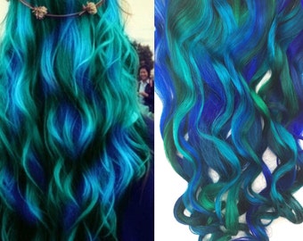 Green Hair Blue Green Ombre Clip In Hair Extensions Mermaid Etsy
