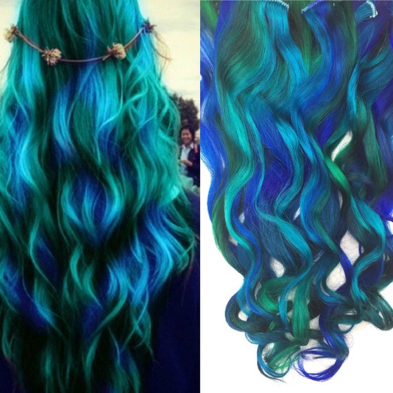 Half Set Green Hair Blue Green Ombre Clip In Hair Etsy