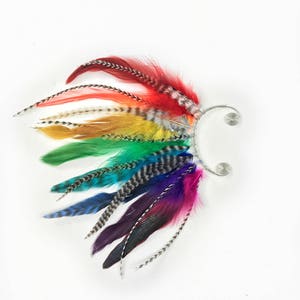Handmade Rainbow Feather Ear Cuff, Earring,Grizzly Feathers, Colorful, Festival,Hippie, Bohemian, Tribal, Aztec