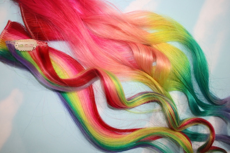 Rainbow Human Hair Extensions. Colored Hair Extension Clip, Hair Wefts, Clip in Hair, Tie Dye Hair Extensions, Dip Dyed Hair image 1