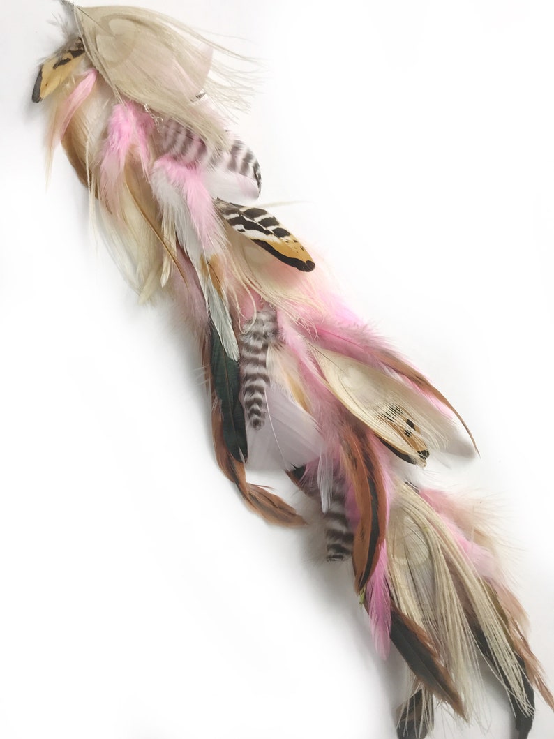 Peacock & Pink long feather hair clip, hippie hair extension, festival hair, bridal feather hair, feather headpiece, champagne bridal image 1