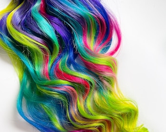 Bright neon human hair extensions, hand dyed bright neon pink, neon green UV light hair, hair wefts, tape ins, clip in hair extensions.