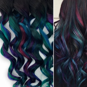 Oil slick hair extensions, oil slick hair color, teal, purple Human Hair Weave, Full Set Bundle, Clip in hair extensions, tape ins, wefts