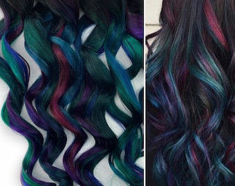 Oil slick hair extensions, oil slick hair color, teal, purple Human Hair Weave, Full Set Bundle, Clip in hair extensions, tape ins, wefts