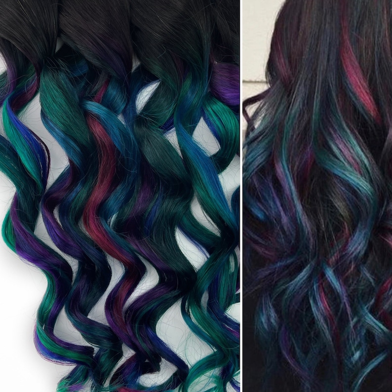 Oil slick hair extensions, oil slick hair color, teal, purple Human Hair Weave, Full Set Bundle, Clip in hair extensions, tape ins, wefts image 1