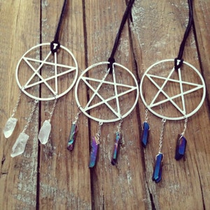Handmade Druzy Point Necklace, Large Pentagram Hoops, pentagram necklace, pentacle necklace, dreamcatcher, Quartz crystal druzy necklace