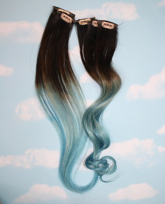 Light Blue Dip Dyed Hair Extensions For Brown Hair 20 22 Inches Long Clip In Hair Extensions Hippie Hair Pastel Festival Hair