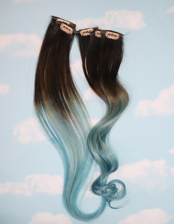 Light Blue Dip Dyed Hair Extensions For Brown Hair 20 22 Inches Long Clip In Hair Extensions Hippie Hair Pastel Festival Hair