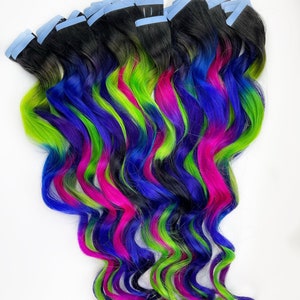 ネオンヘアエクステンション、人毛ウィーブ、テープインヘアエクステンション、束、クリップインヘアエクステンション、ネオングリーン、黒、紫、ピンクの髪。