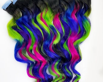 Neon Hair Extensions, Human Hair Weave, tape in hair extensions, Bundle, Clip in hair extensions, neon green, black, purple and pink hair.