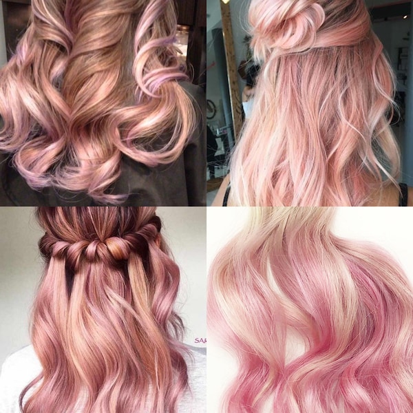 Peekaboo rose gold, pale pink highlights balayage human hair extensions, pale rose hair extensions, hair extensions, clip in, tape ins