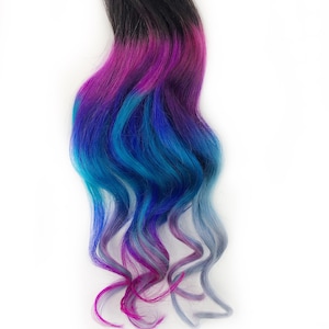Gem ombré tape ins, under-lights gem colors, blue and purple ombré, dark root balayage space hair, clip in hair, 1b base tape ins