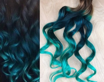 Cheveux bleu sarcelle, cheveux verts, cheveux teints par trempage ombré, clips dans les extensions de cheveux, cheveux de sirène, cheveux bleus, trames de cheveux, extensions de cheveux humains, bundle