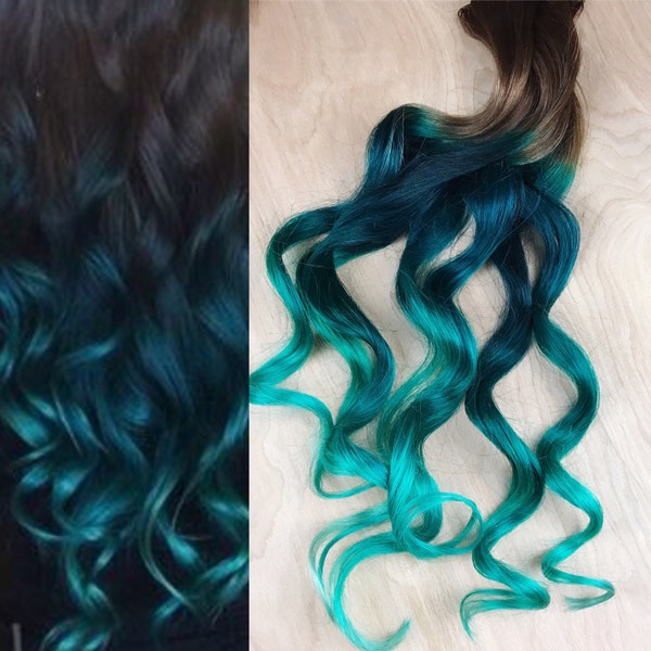 Teal Hair, Green Hair, Ombre Dip Dyed Hair, Clip In Hair Extensions, Mermaid Hair, Blue Hair,  Hair Wefts, Human Hair Extensions, Bundle