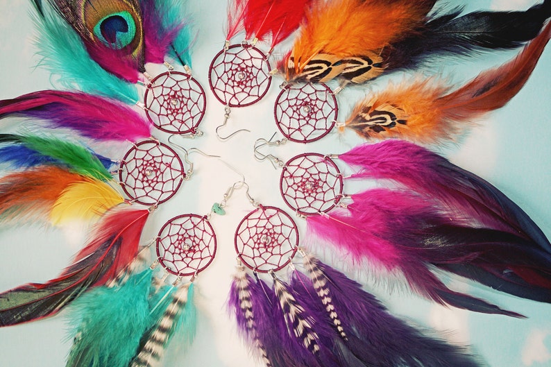 Handmade Dream Catcher Feather Earring SET Extra Long 8-9 inches, You Choose Feather Symbolism, Grizzly Rooster Hair Feathers image 2