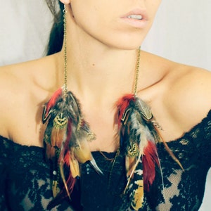 Red long feather earrings, valentines day, festival sexy feather earrings, grizzly earrings, black feathers 画像 4
