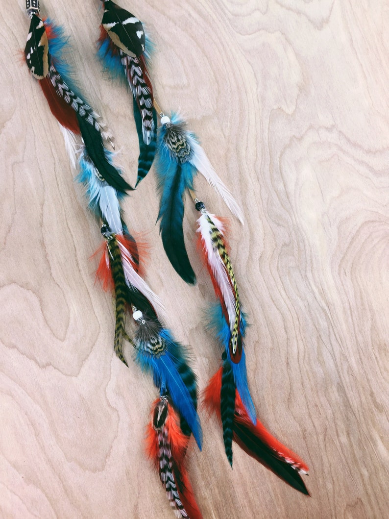 Long Leather Tribal Feather Earrings, 17-19 inches, Beaded Suede Leather Aztec Feather Earrings-Feather Symbolism image 1