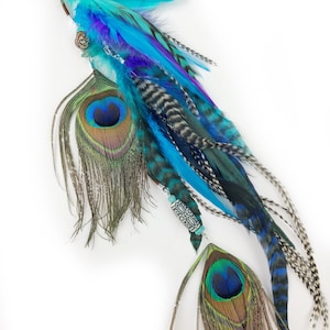 Handmade Extra Long Feather Extension Chain Hair Clip, 15&quot;, Made with peacock feathers and grizzly rooster hair feathers