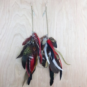 Red long feather earrings, valentines day, festival sexy feather earrings, grizzly earrings, black feathers 画像 2
