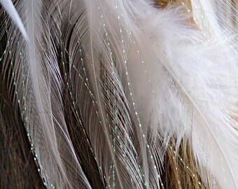 White feather hair clip, white feather earrings, wedding earrings, white feather jewelry, moon earrings, moon hair clip