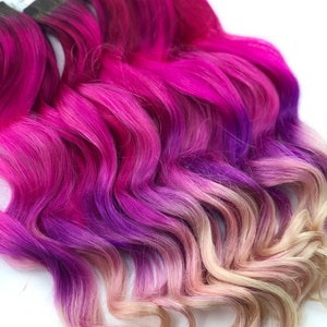 Pink and Purple Hair Clip Extensions, Pink Ombre Tape IN Hair, Purple Ombre Hair, Weave, Human Hair, Full Set, Bundle, Hippie Hair, Dreads