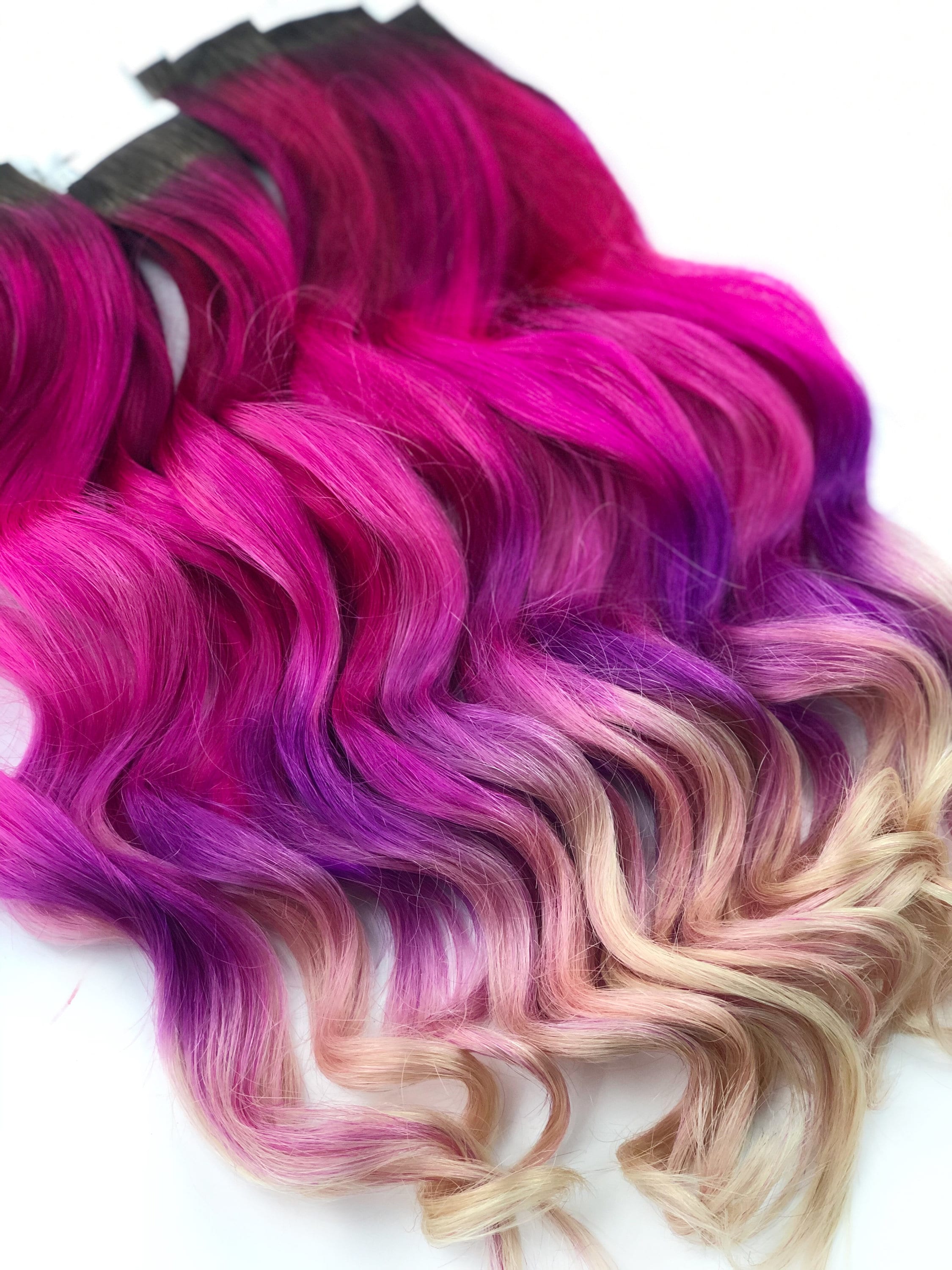 10 inch Orange Pink Purple Ombre Remy Clip in Human Hair Extensions PURPLE OMBRE HIGHLIGHTS CLIP-IN HAIR EXTENSIONS main image 3