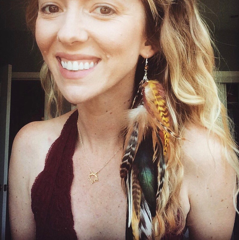 Autumn Bisque, Handmade Natural Extra Long Chain Feather Hair Extension Clip, 12 inches, or Single Feather Earring, brown Grizzly Feathers image 4