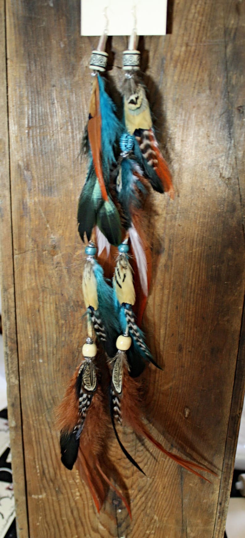 Long Leather Tribal Feather Earrings, 17-19 inches, Beaded Suede Leather Aztec Feather Earrings-Feather Symbolism image 2