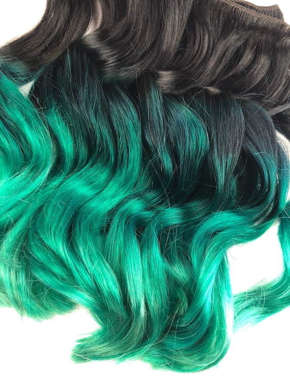 Green Hair Ombre Dip Dyed Hair Clip In Hair Extensions Mermaid Hair Blue Hair Hair Wefts Human Hair Extensions Bundle