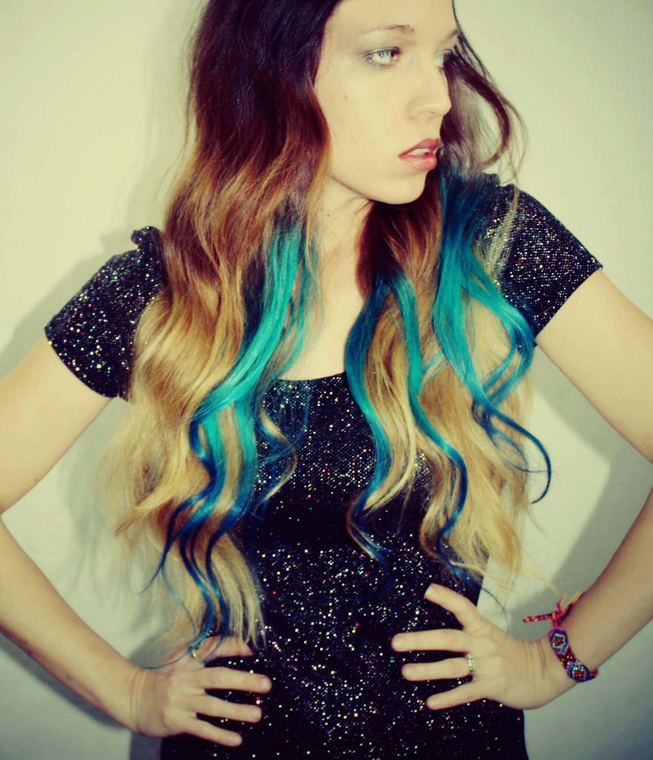 Ombre Turquoise Blue Tip Dyed Hair Extensions Dark Brown Black 22 Inches Long Clip In Hair Extensions Hippie Hair Dipped Dyed Hair