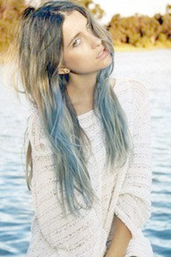 Light Blue Dip Dyed Hair Extensions For Brunette Hair 20 22 Inches Long Clip In Hair Extensions Hippie Hair Pastel Festival Hair