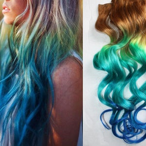 Mermaid Clip In Hair Extensions, Ombre Hair,  Tie Dye Tips,  Hair Wefts, Human Hair Extensions, Hippie hair