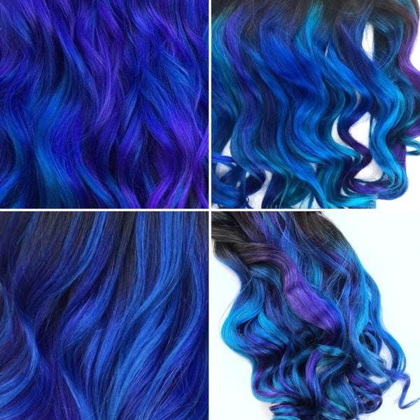 Blue Purple Ombre, Dark Gem Colored Hair Extensions, Human Hair Weave, Full Set Bundle, Clip in hair extensions, turquoise teal purple hair