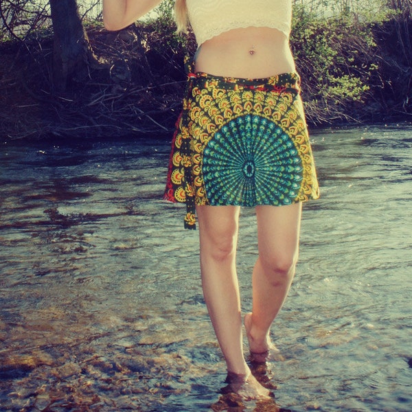 Mini Wrap Skirt, Peacock Hippie Skirt, Cover-Up, Boho, Gypsy, Blue Sunburst, Peacock Print, Skirt, Bohemian, Festival Skirt