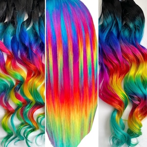 明るいクラシックなレインボーのクリップインヘアエクステンション、オンブルヘア、束、ヘアウェフト、人毛エクステンション、プライドヘア、テープインヘアウェフト