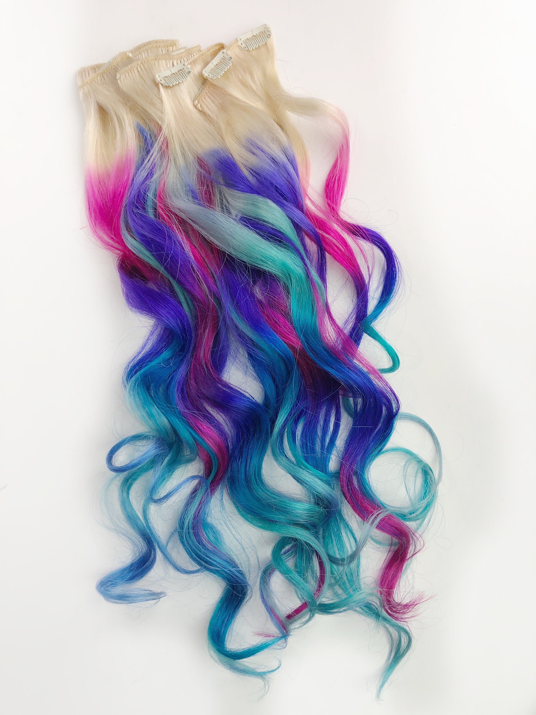 Clip in Synthetic Feather Hair Extensions, Human Hair Extensions Colorful Fake Hair Extensions Clip in One Piece Rainbow Synthetic Invisible