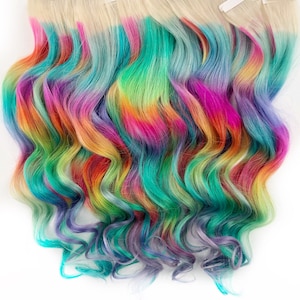 パステルプリズムレインボークリップインヘアエクステンション、オンブルヘア、タイダイチップ、ヘアウェフト、人毛エクステンション、テープインレインボーヘア、バンドル