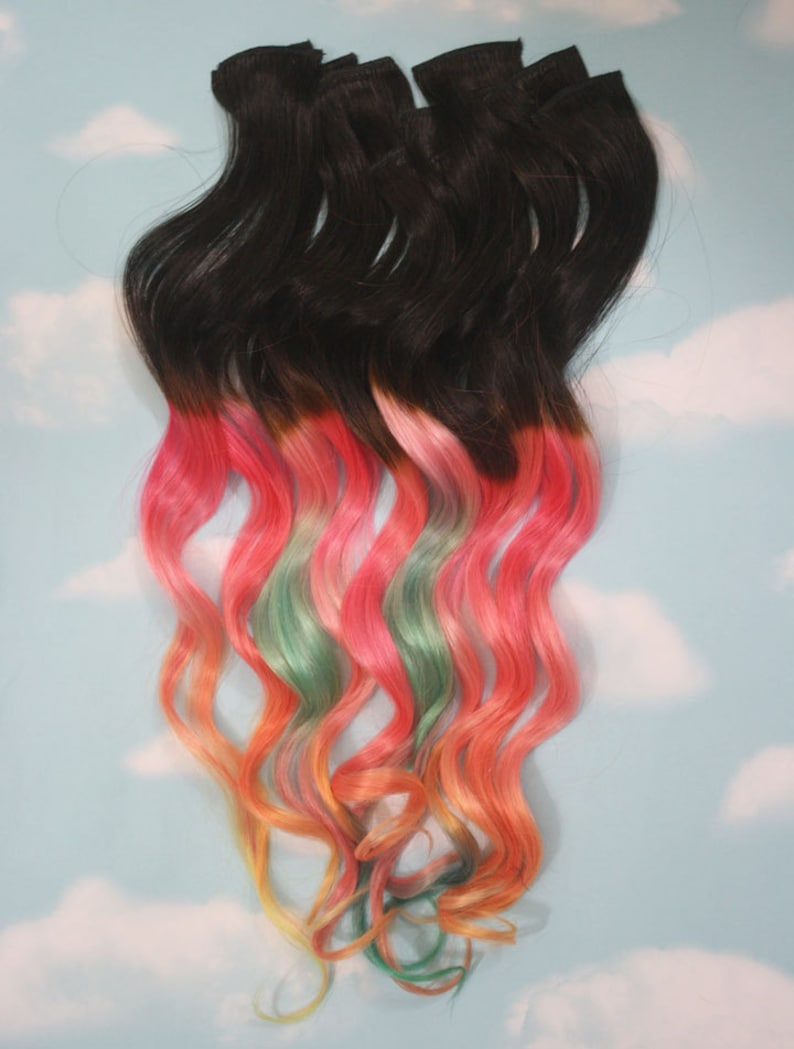 Ice cream hair, red burgundy hair extensions, red base sherbet colors, pastel rainbow hair, hair clip ins extensions or wefts image 5